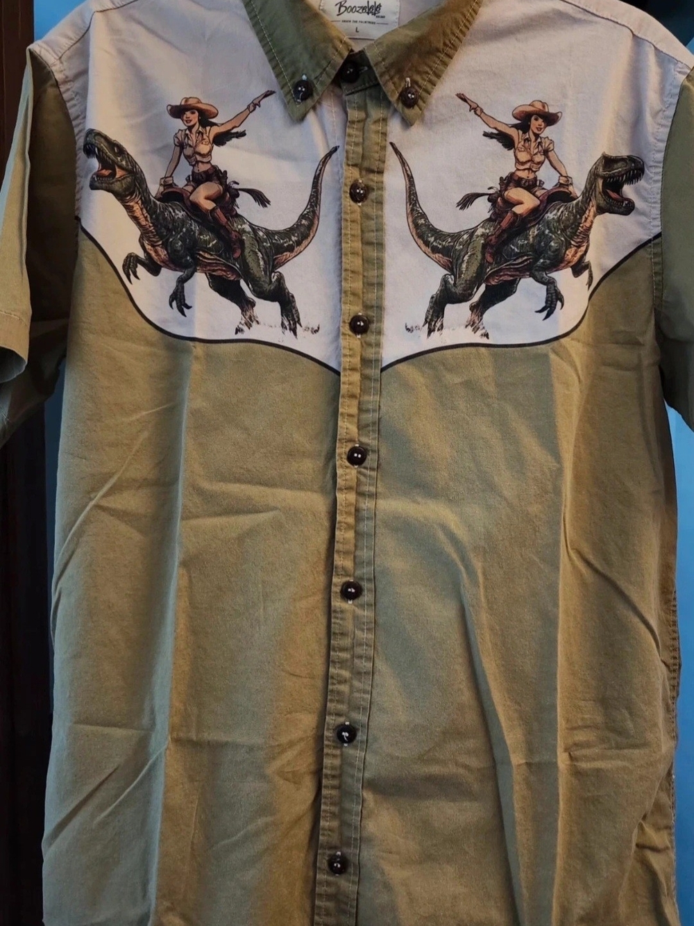 Bozzolo Olive and White Western Dino Rider Button-Down Shirt